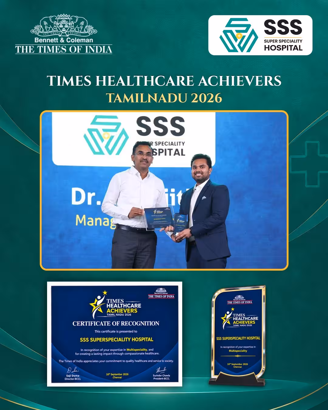 SSS Super Speciality Hospital receiving Times Healthcare Achievers Tamil Nadu 2026 Award — Certificate of Recognition for expertise in Multispeciality healthcare, presented by Bennett and Coleman, The Times of India, on 16th September 2026 in Chennai
